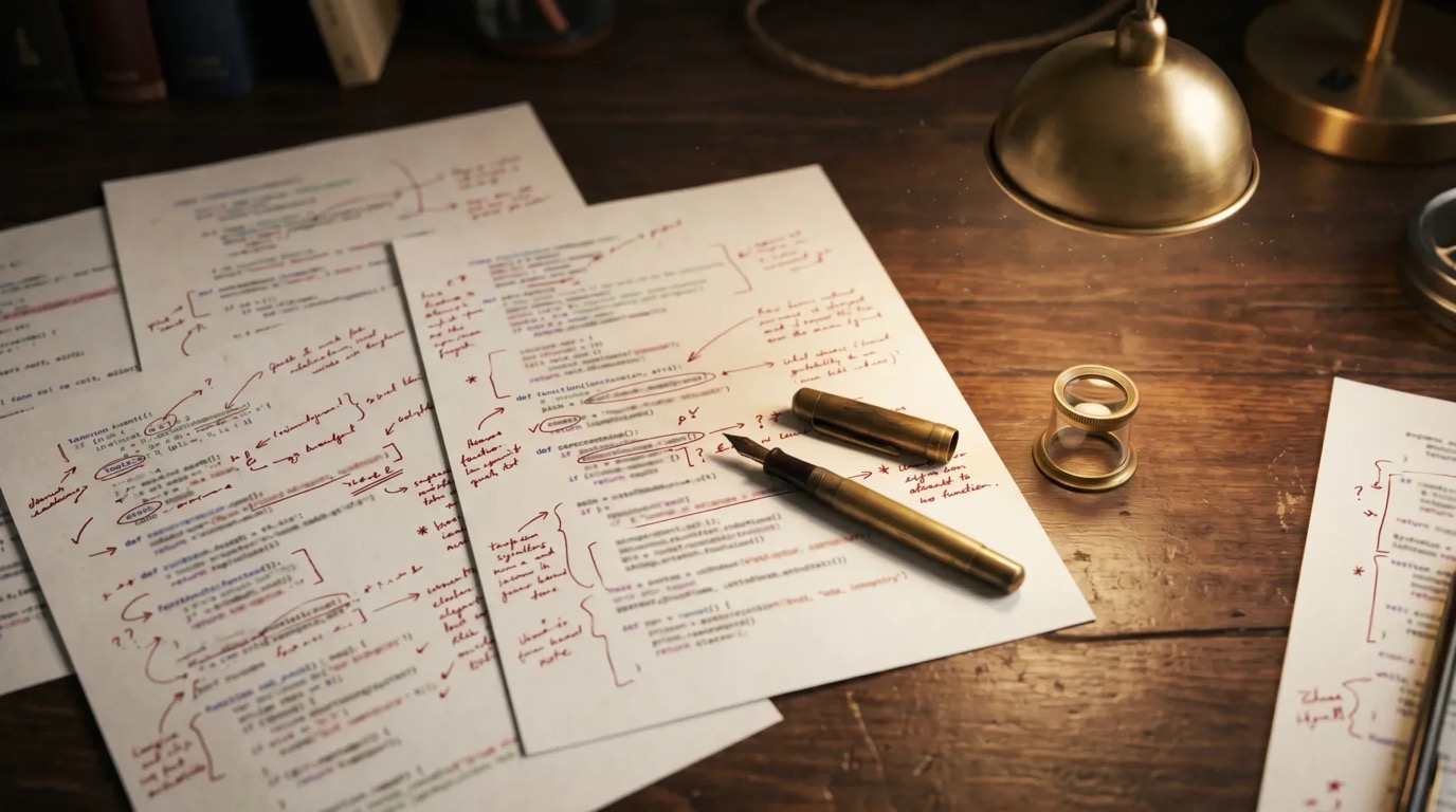 Printed code pages spread across a dark walnut desk, dense red fountain-pen review annotations in the margins, brass loupe and fountain pen resting nearby, warm pendant-lamp lighting